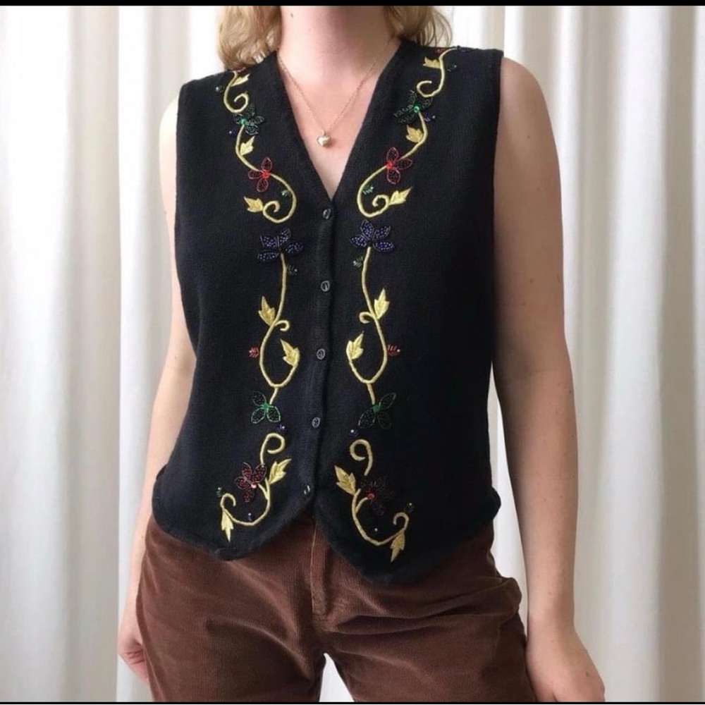Jan Leslie Vintage Black Embroidered V-Neck Button Front Vest size Medium